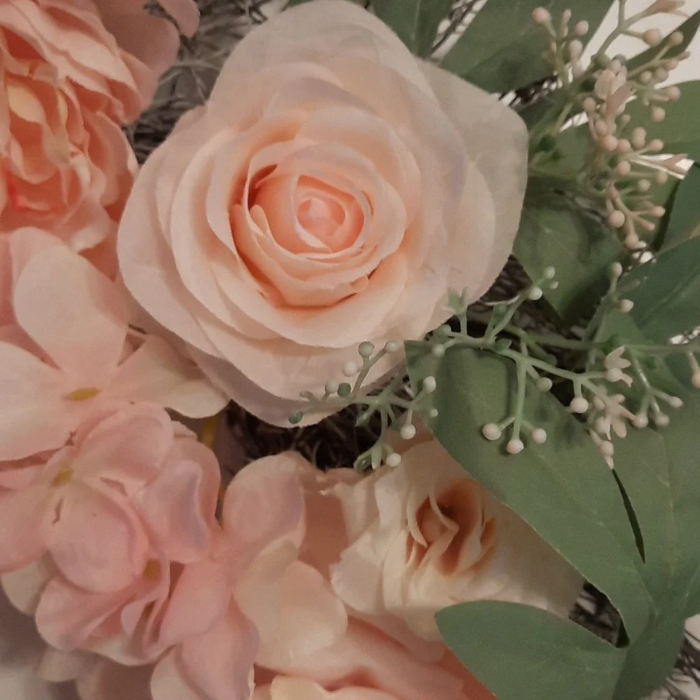 Wreath Blush Colored Rose Hydrangeas Silk Artificial Flower Indoor Outdoor